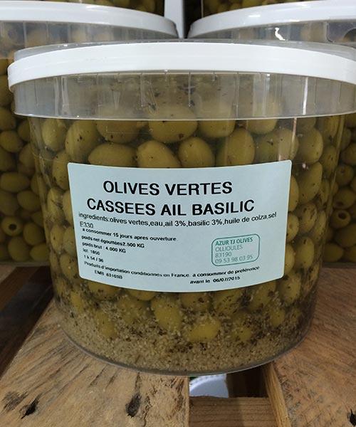 Olives cassées vertes à l'ail et au basilic (origine Maroc) - Azur TJ Olives