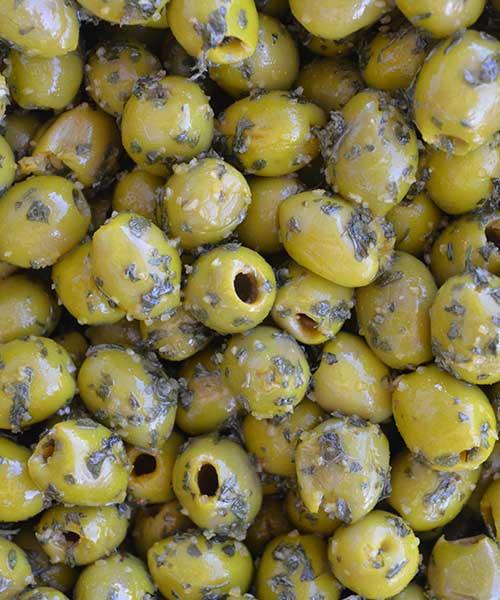 Olives cassées vertes à l'ail et au basilic (origine Maroc) - Azur TJ Olives - zoom